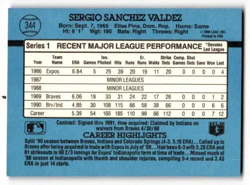 1991 Donruss #344 Sergio Valdez Cleveland Indians Baseball Cards EX/ ID:57645 - Baseball Card Single