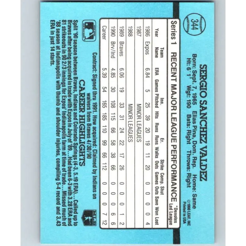 1991 Donruss #344 Sergio Valdez NM-MT Cleveland Indians Baseball Card - Baseball Card Single