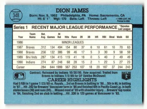 1991 Donruss #348 Dion James Cleveland Indians Baseball Cards EX/NM ID:57703 - Baseball Card Single