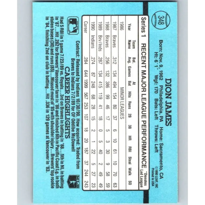 1991 Donruss #348 Dion James NM-MT Cleveland Indians Baseball Card - Baseball Card Single