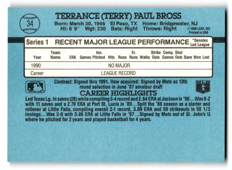 1991 Donruss #34b Terry Bross - Baseball Card Single