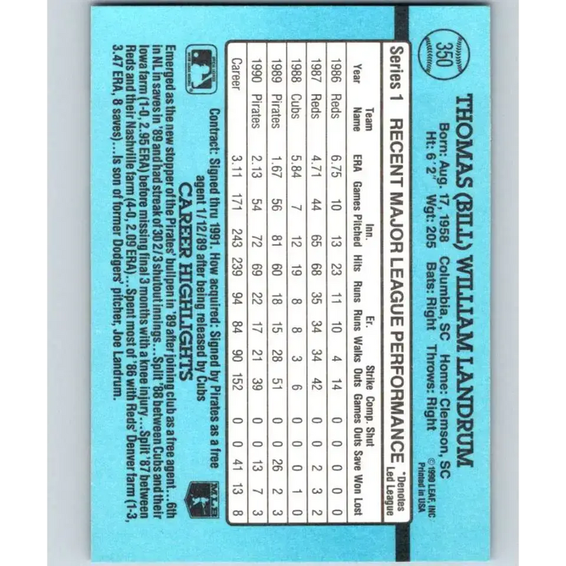1991 Donruss #350 Bill Landrum NM-MT Pittsburgh Pirates Baseball Card - Baseball Card Single