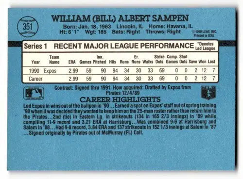 1991 Donruss #351 Bill Sampen Montreal Expos Baseball Cards EX/NM ID:59124 - Baseball Card Single