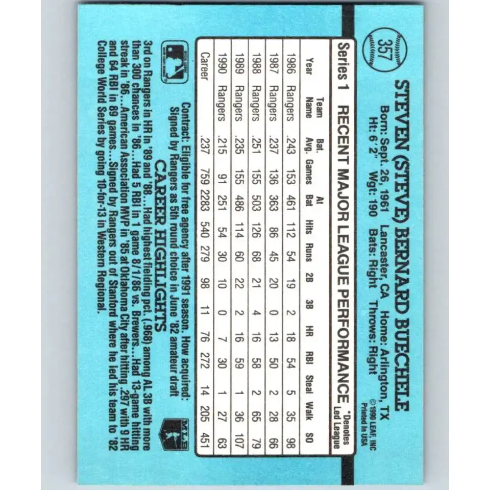 1991 Donruss #357 Steve Buechele NM-MT Texas Rangers Baseball Card - Baseball Card Single