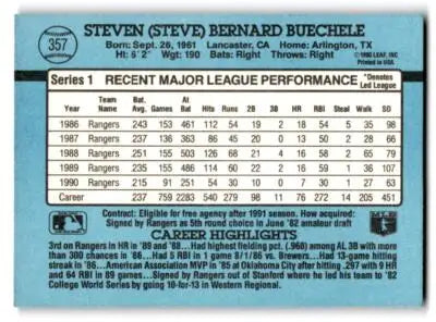 Back of 1991 Donruss Baseball Card featuring Steve Buechele 357a back design