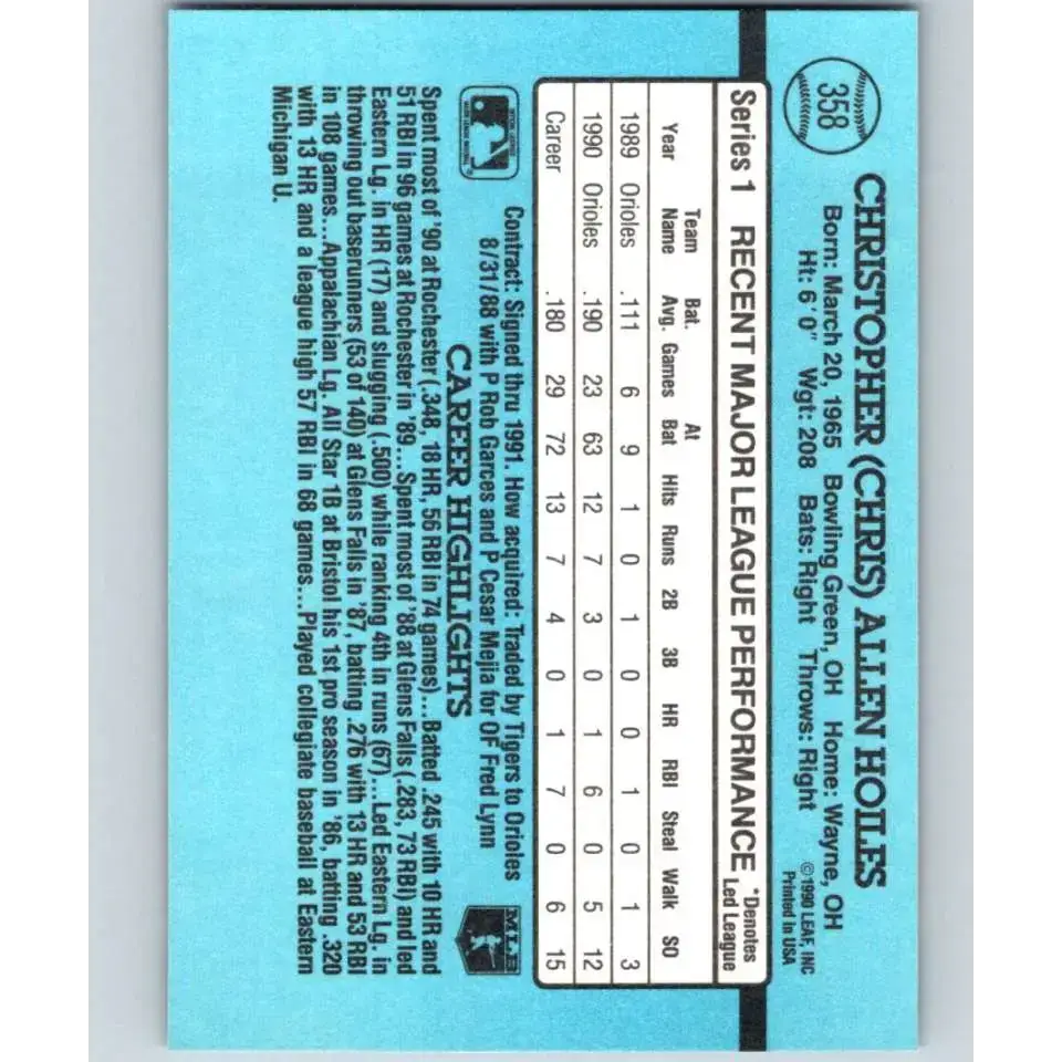 1991 Donruss #358 Chris Hoiles FDP NM-MT Baltimore Orioles Baseball Card - Baseball Card Single