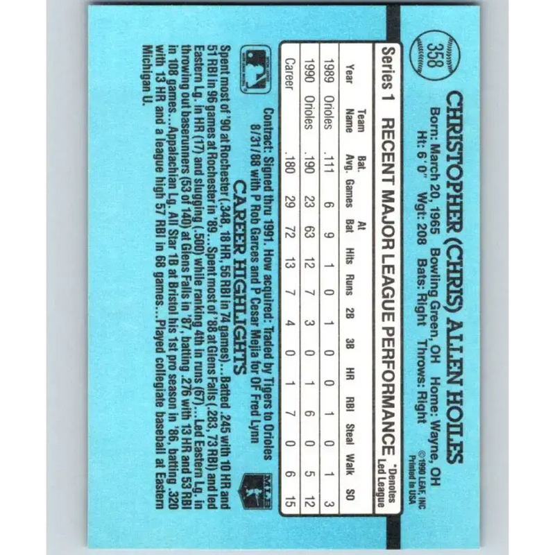 1991 Donruss #358 Chris Hoiles FDP NM-MT Baltimore Orioles Baseball Card - Baseball Card Single