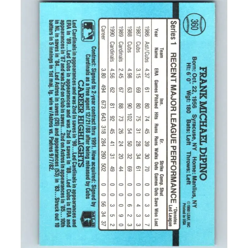 1991 Donruss #360 Frank DiPino NM-MT St. Louis Cardinals Baseball Card - Baseball Card Single