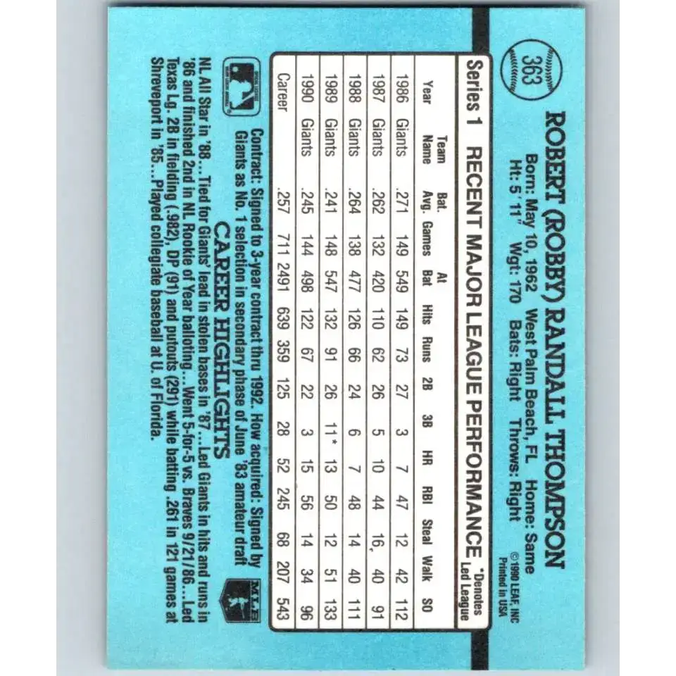 1991 Donruss #363 Robby Thompson NM-MT San Francisco Giants Baseball Card - Baseball Card Single