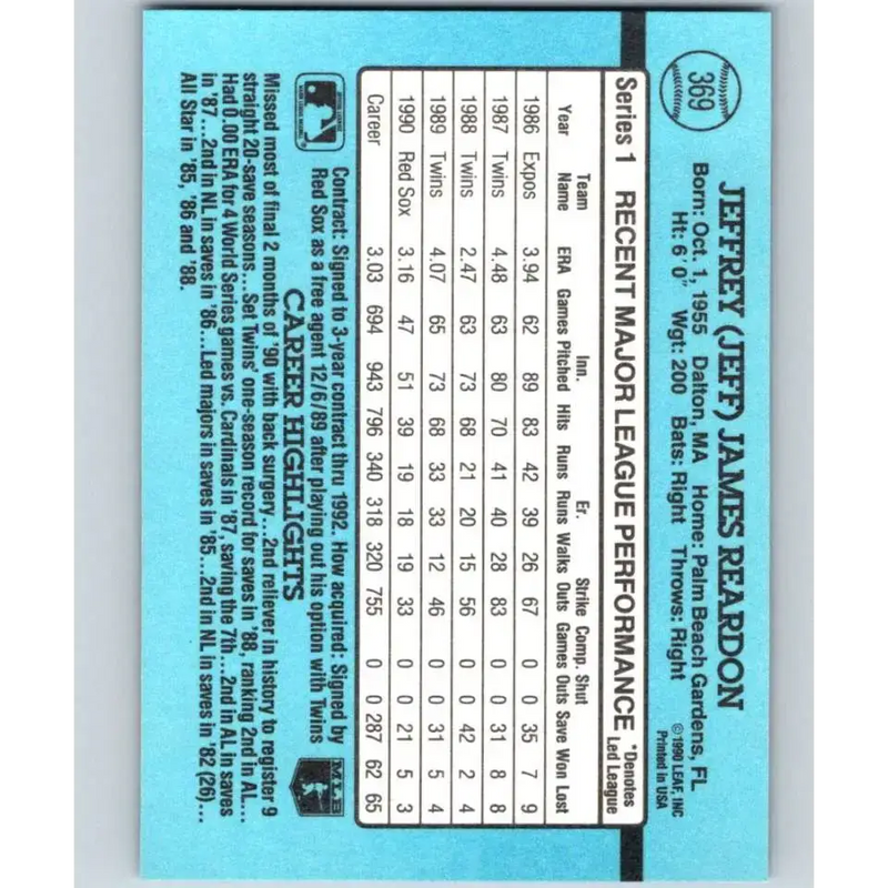 1991 Donruss #369 Jeff Reardon UER NM-MT Boston Red Sox Baseball Card - Baseball Card Single