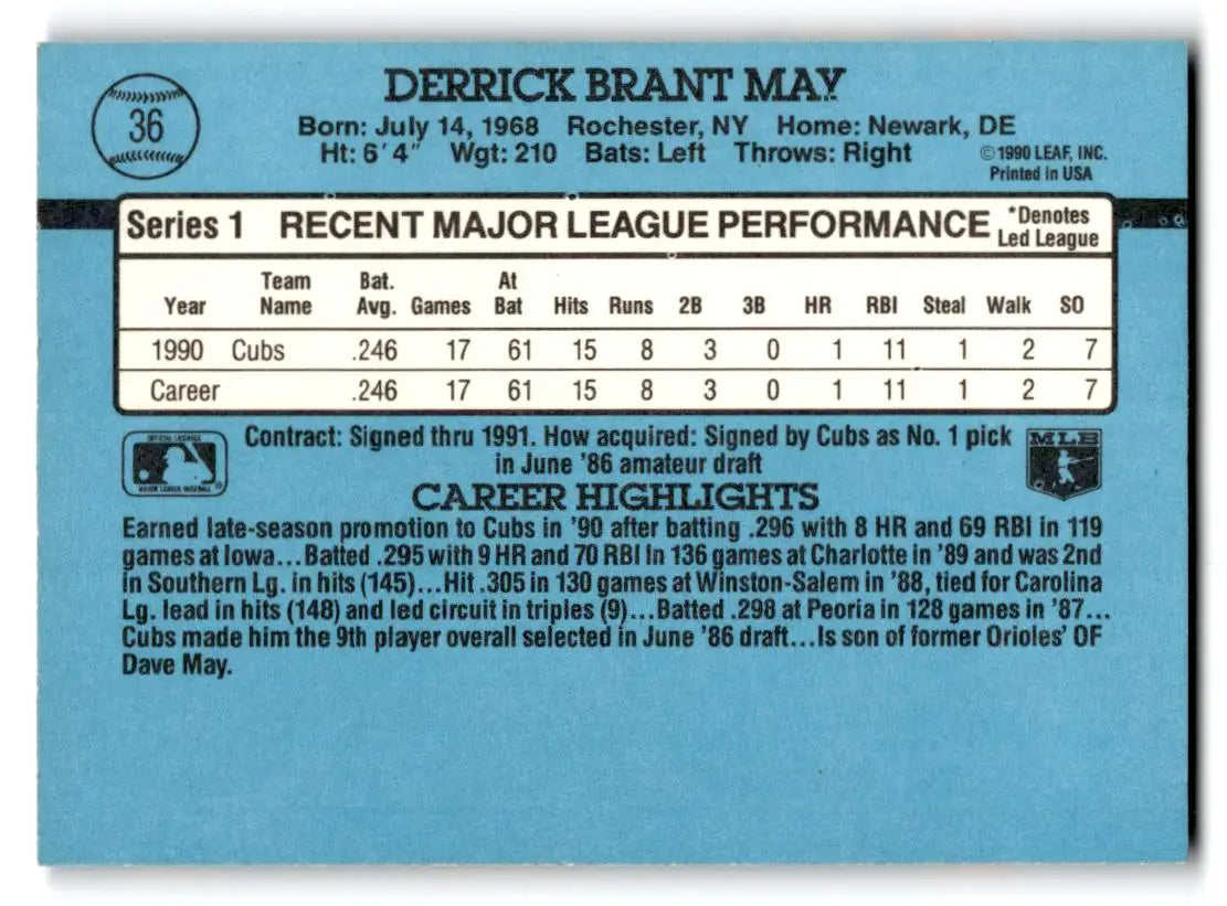 1991 Donruss #36b Derrick May - Baseball Card Single