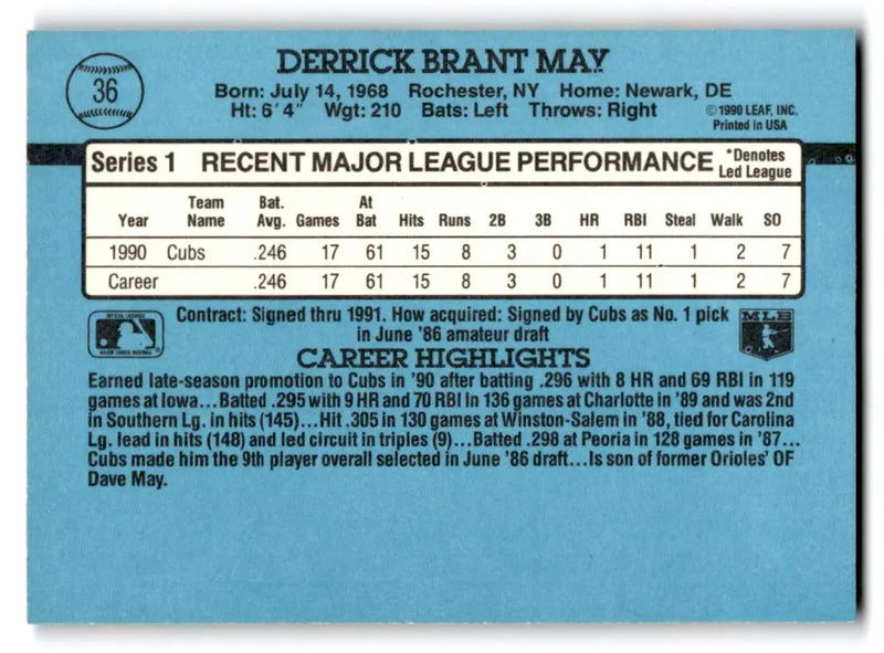 1991 Donruss #36b Derrick May - Baseball Card Single