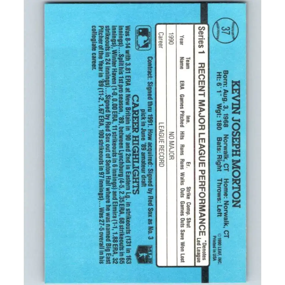1991 Donruss #37 Kevin Morton RR NM-MT RC Rookie Boston Red Sox Baseball Card - Baseball Card Single