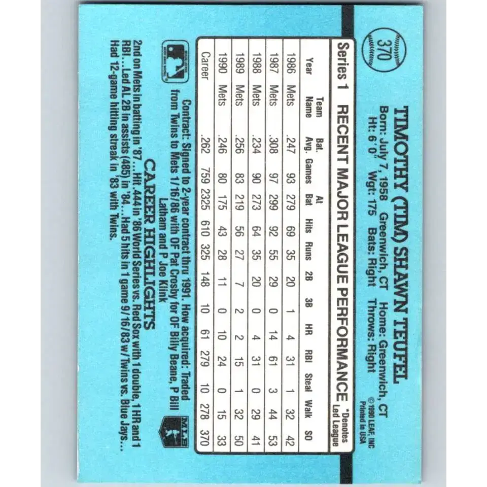1991 Donruss #370 Tim Teufel NM-MT New York Mets Baseball Card - Baseball Card Single