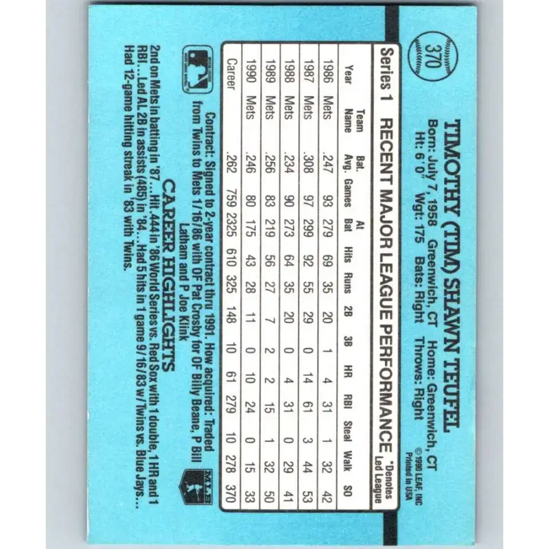 1991 Donruss #370 Tim Teufel NM-MT New York Mets Baseball Card - Baseball Card Single
