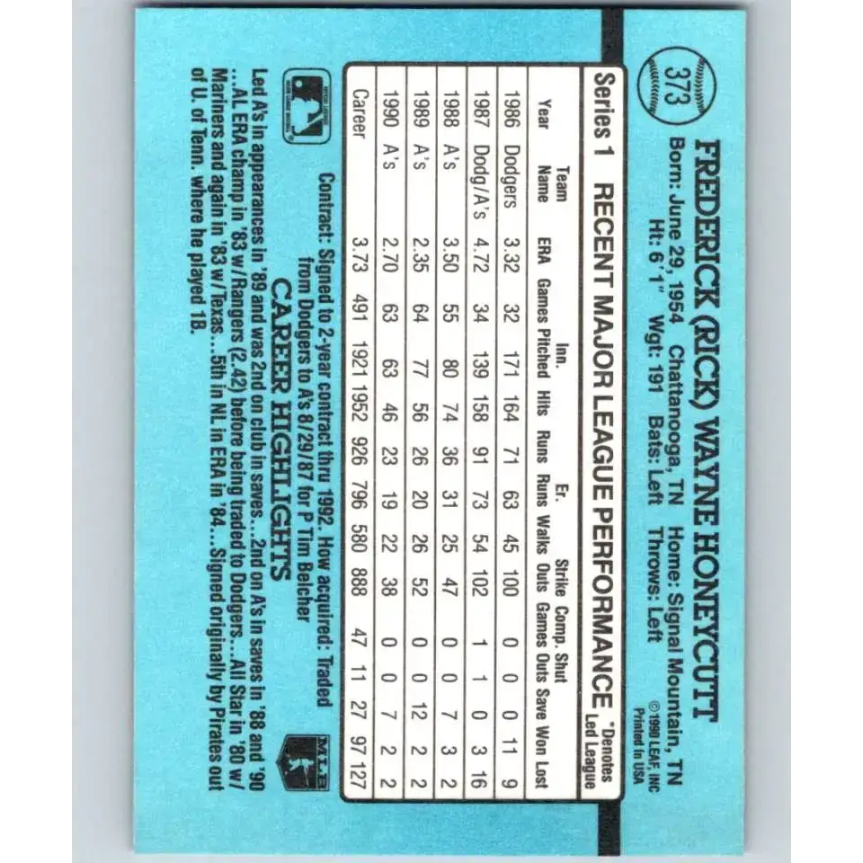 1991 Donruss #373 Rick Honeycutt NM-MT Oakland Athletics Baseball Card - Baseball Card Single
