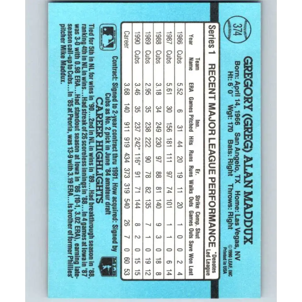 1991 Donruss #374 Greg Maddux NM-MT Chicago Cubs Baseball Card - Baseball Card Single