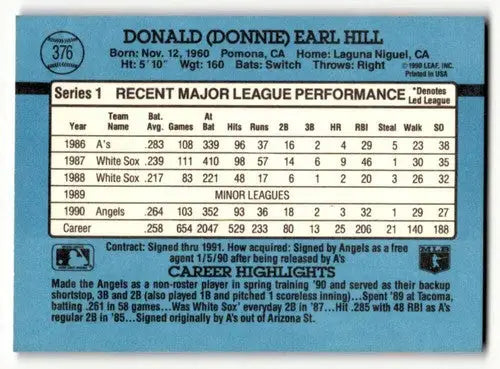 1991 Donruss #376 Donnie Hill California Angels Baseball Cards EX/NM ID:57669 - Baseball Card Single