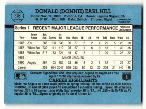 1991 Donruss #376 Donnie Hill California Angels Baseball Cards EX/NM ID:57675 - Baseball Card Single