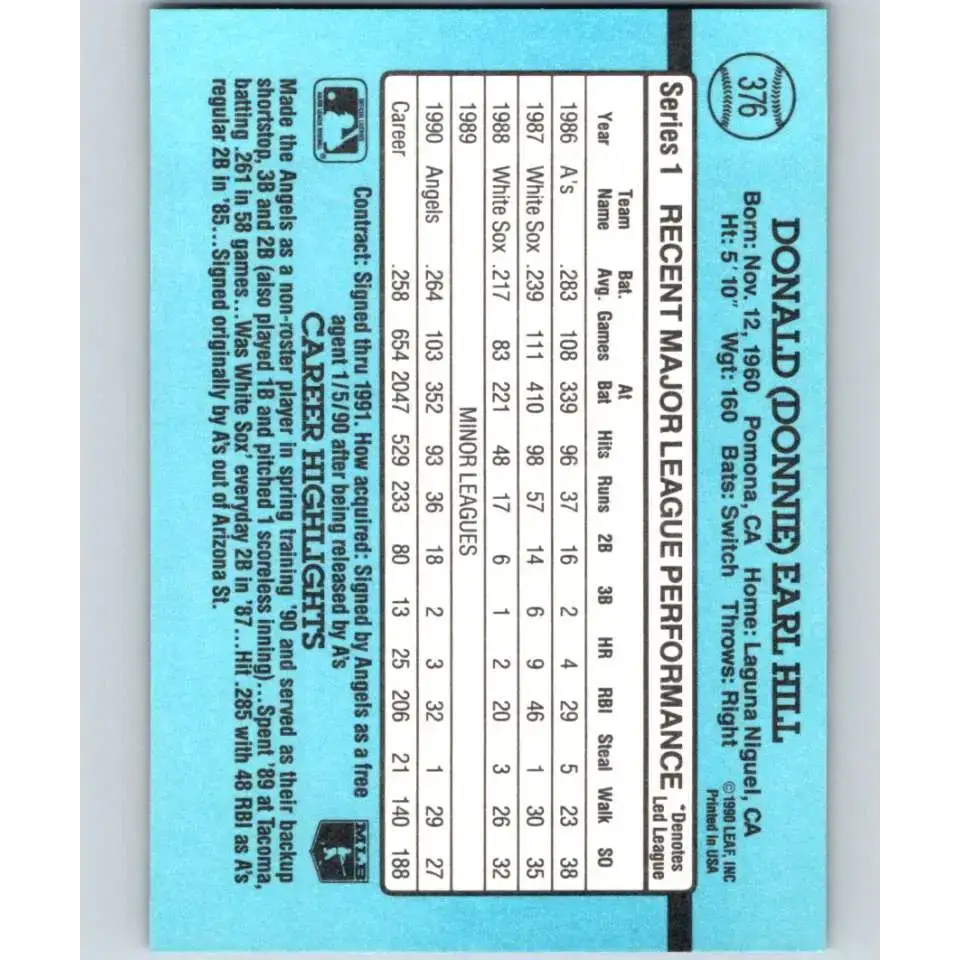 1991 Donruss #376 Donnie Hill NM-MT California Angels Baseball Card - Baseball Card Single