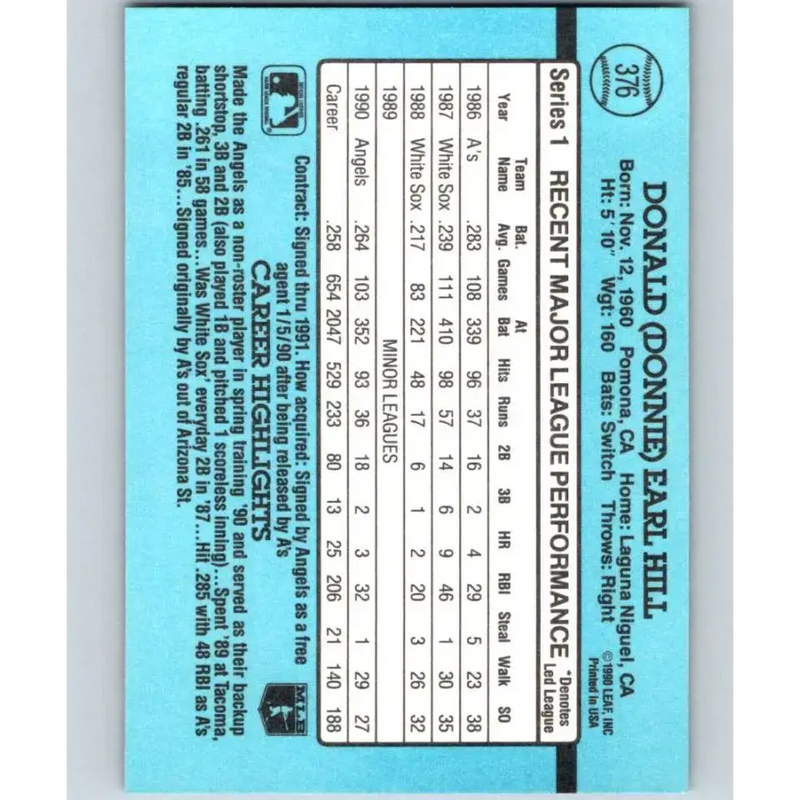 1991 Donruss #376 Donnie Hill NM-MT California Angels Baseball Card - Baseball Card Single