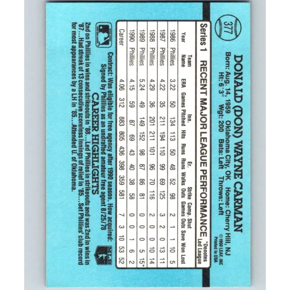 1991 Donruss #377 Don Carman NM-MT Philadelphia Phillies Baseball Card - Baseball Card Single