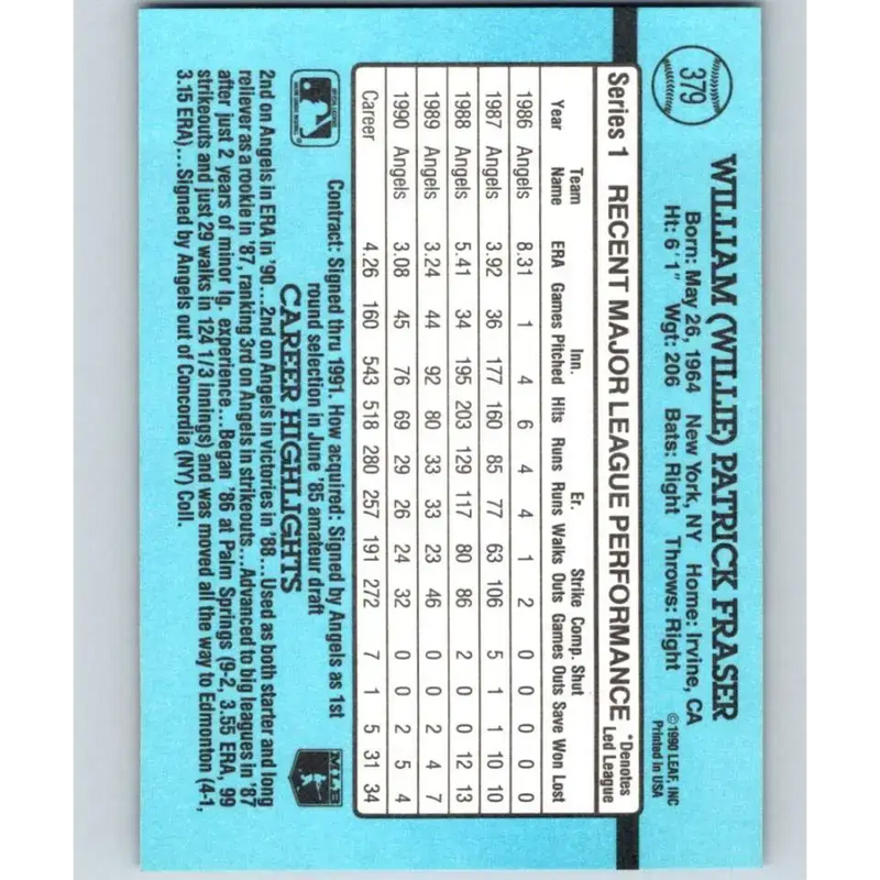 1991 Donruss #379 Willie Fraser NM-MT California Angels Baseball Card - Baseball Card Single