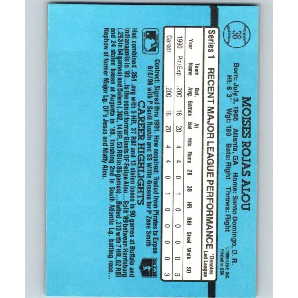 1991 Donruss #38 Moises Alou RR NM-MT Montreal Expos Baseball Card - Baseball Card Single