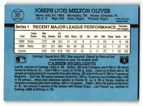 1991 Donruss #381 Joe Oliver Cincinnati Reds Baseball Cards EX/NM ID:55306 - Baseball Card Single