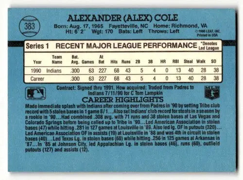 1991 Donruss #383 Alex Cole Cleveland Indians Baseball Cards EX/NM ID:57670 - Baseball Card Single