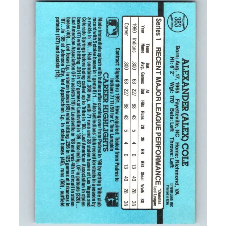 1991 Donruss #383 Alex Cole NM-MT Cleveland Indians Baseball Card - Baseball Card Single