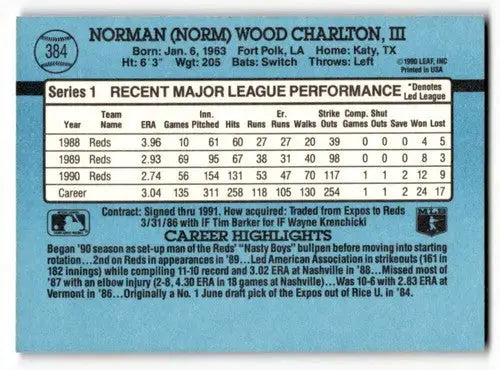 Baseball card back with original gloss for Norm Charlton Cincinnati Reds card 1991 Donruss
