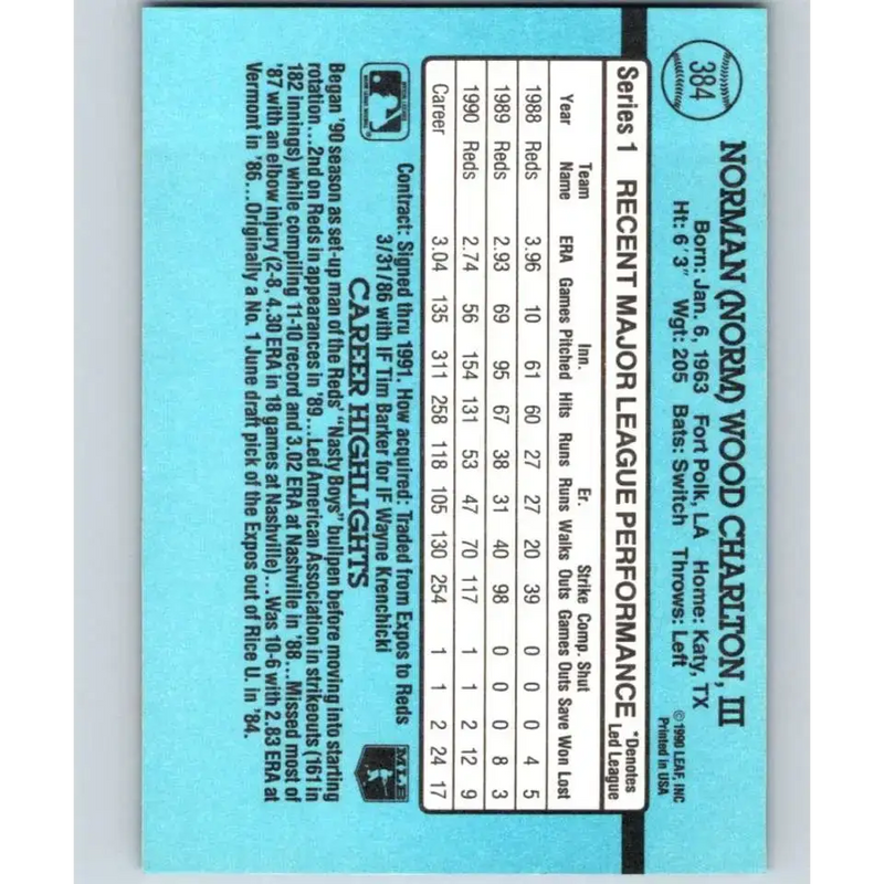 1991 Donruss #384 Norm Charlton NM-MT Cincinnati Reds Baseball Card - Baseball Card Single