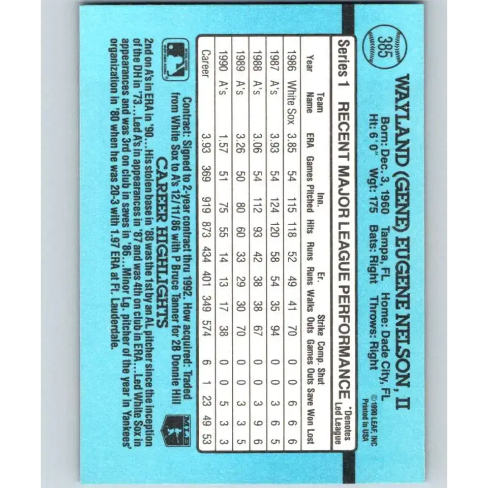 1991 Donruss #385 Gene Nelson NM-MT Oakland Athletics Baseball Card - Baseball Card Single