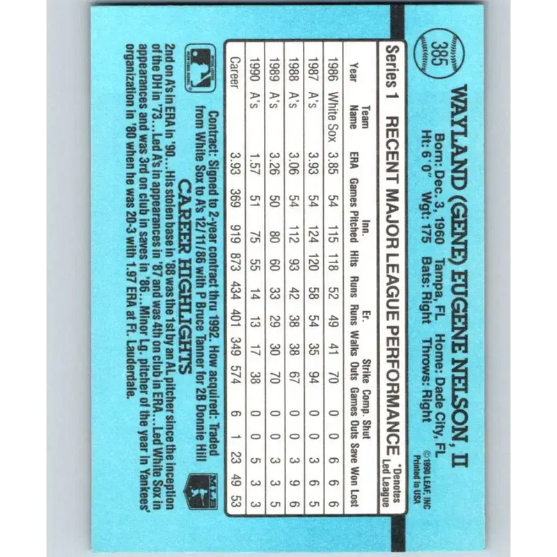 1991 Donruss #385 Gene Nelson NM-MT Oakland Athletics Baseball Card - Baseball Card Single