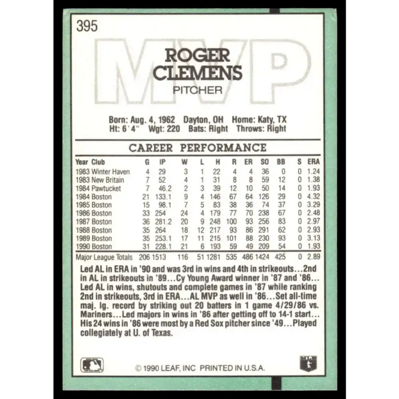 1991 Donruss #395 Roger Clemens EX/NM Boston Red Sox Baseball Card - Baseball Card Single