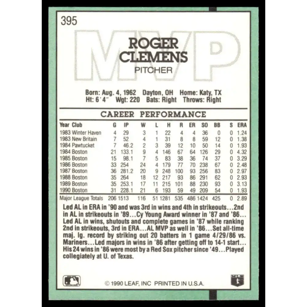 1991 Donruss #395 Roger Clemens EX/NM Boston Red Sox Baseball Card - Baseball Card Single