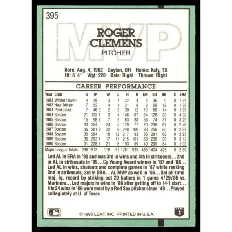 1991 Donruss #395 Roger Clemens EX/NM Boston Red Sox Baseball Card - Baseball Card Single