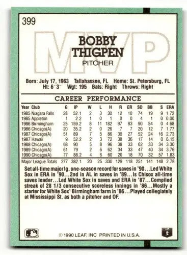 1991 Donruss #399 Bobby Thigpen Chicago White Sox Baseball Cards NM ID:61451 - Baseball Card Single
