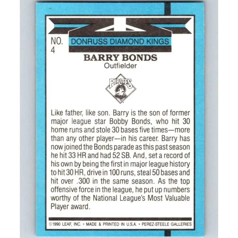1991 Donruss #4 Barry Bonds DK NM-MT Pittsburgh Pirates Baseball Card - Baseball Card Single
