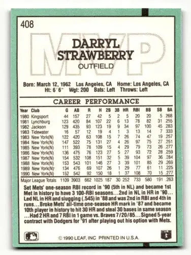 Darryl Strawberry 1991 Donruss NY Mets baseball card with career stats and original gloss