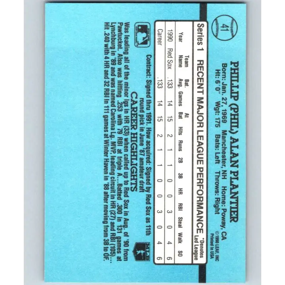 1991 Donruss #41 Phil Plantier RR NM-MT RC Rookie Boston Red Sox Baseball Card - Baseball Card Single