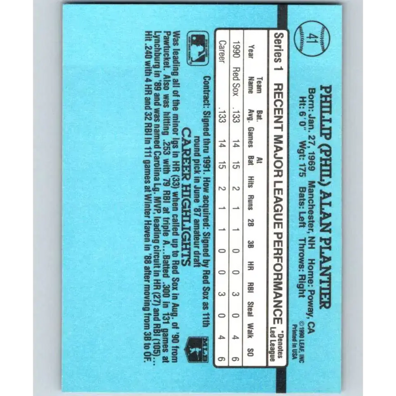 1991 Donruss #41 Phil Plantier RR NM-MT RC Rookie Boston Red Sox Baseball Card - Baseball Card Single