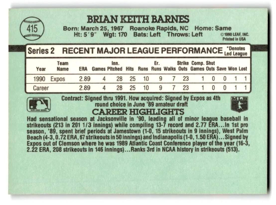 1991 Donruss #415b Brian Barnes - Baseball Card Single