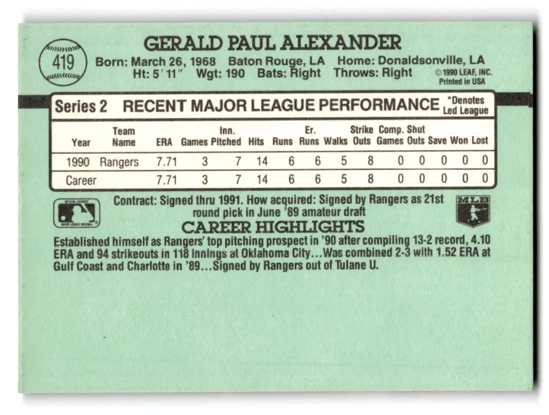 1991 Donruss #419b Gerald Alexander - Baseball Card Single