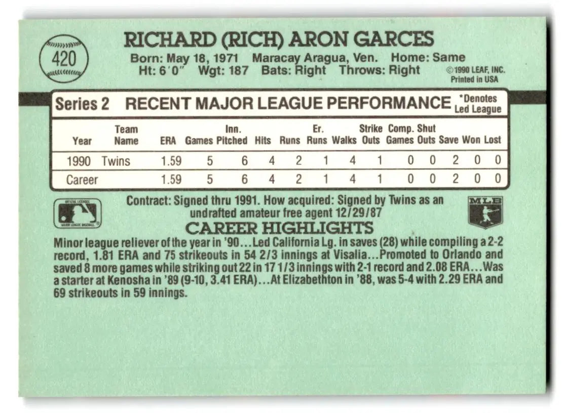 1991 Donruss #420b Rich Garces - Baseball Card Single
