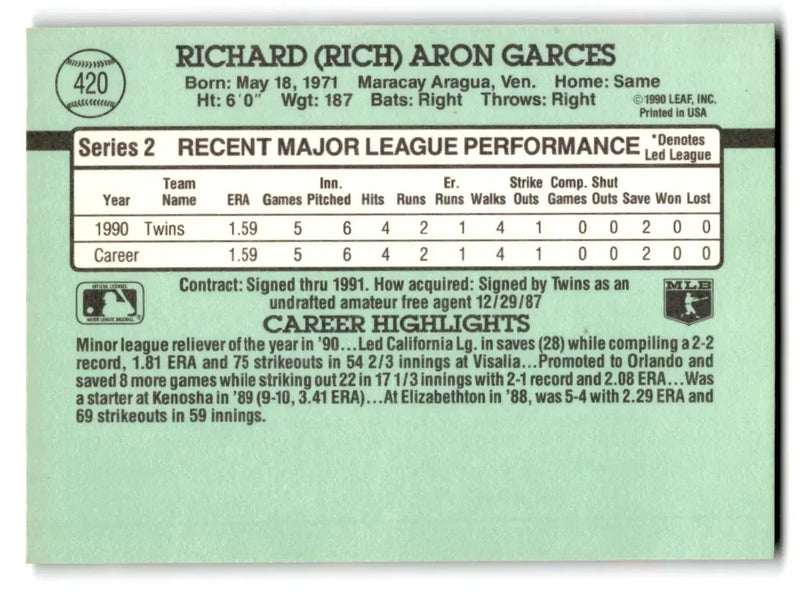 1991 Donruss #420b Rich Garces - Baseball Card Single