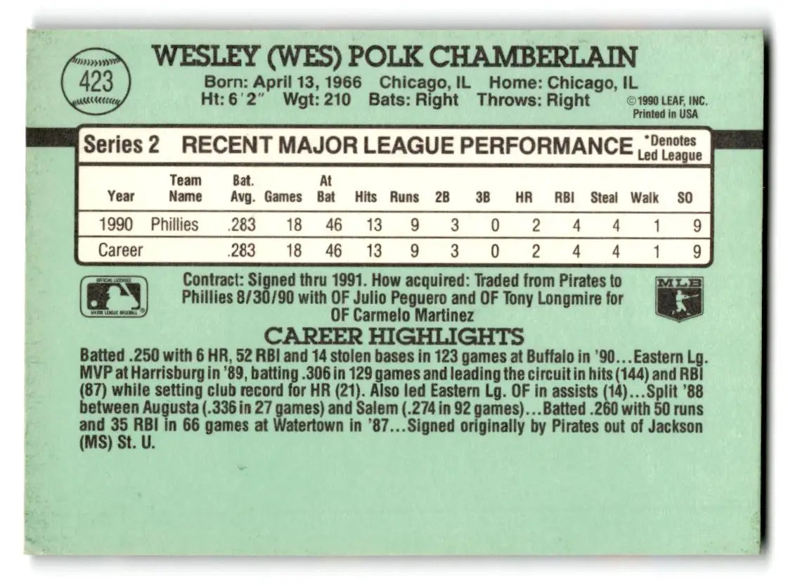 1991 Donruss #423b Wes Chamberlain - Baseball Card Single
