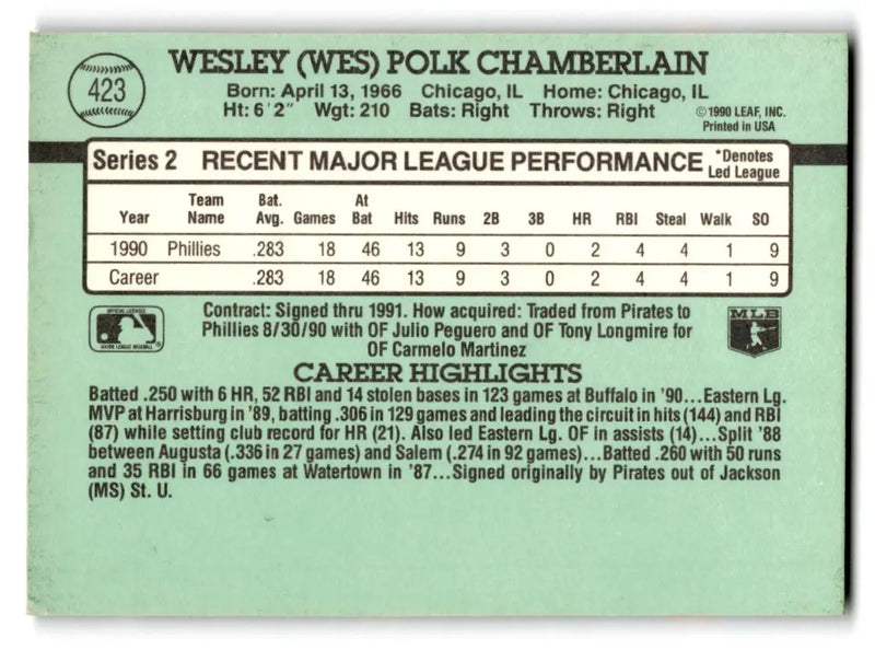 1991 Donruss #423b Wes Chamberlain - Baseball Card Single