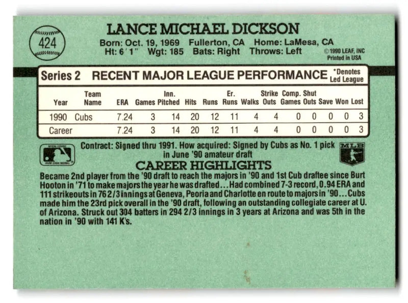 1991 Donruss #424a Lance Dickson - Baseball Card Single